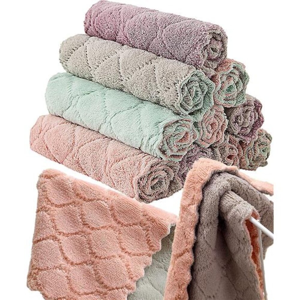 12 Pack Colorful Kitchen Towels Quick Dry Washcloths,‎ Coral Velvet Dishtowels